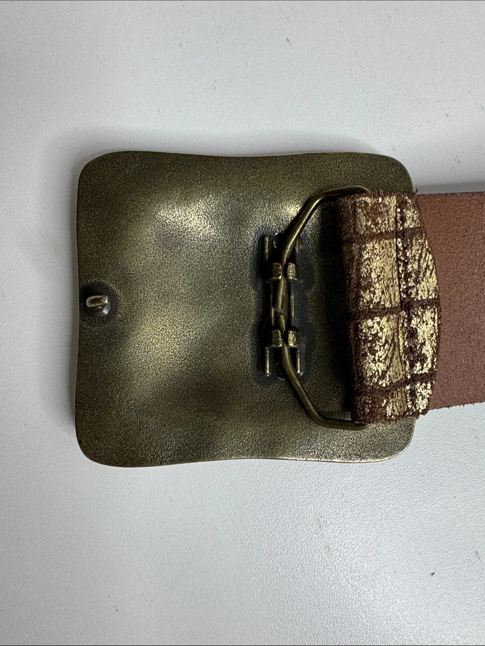 Chico’s Genuine Leather Wide Croc Embossed Belt with Hammered Brass Buckle